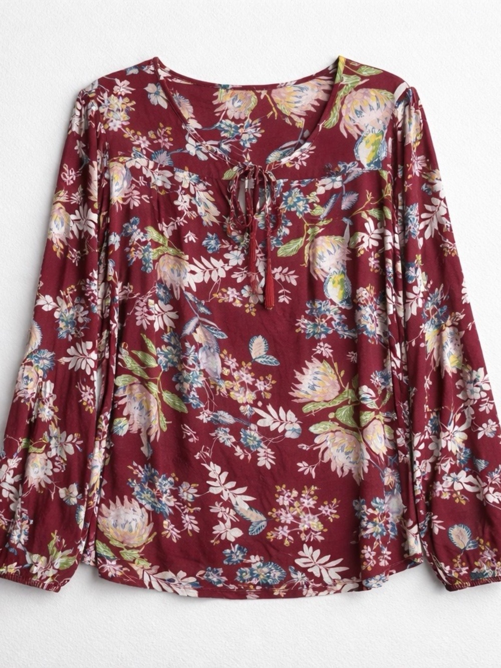 Simply Emma Burgundy Floral Tie-Neck Blouse